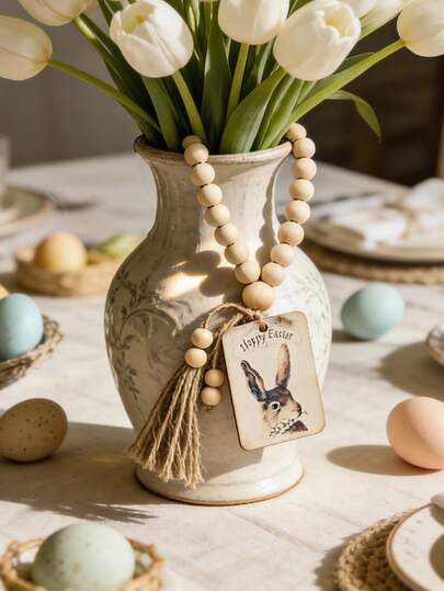 1pc Easter Wooden Bead Tassel Decoration, Happy Easter Rabbit Tag, Farmhouse Spring Home Decoration, Bohemian Easter Decoration, Hanging Rope Wooden Bead Tassel Decoration, Rural Style Home Styling, Easter Holiday Desktop Decoration, Retro Bohemian Desktop Decoration, Spring Festival Display Decoration, Easter Desktop Decoration, Warm Living Room Kitchen Decoration, Photo Props