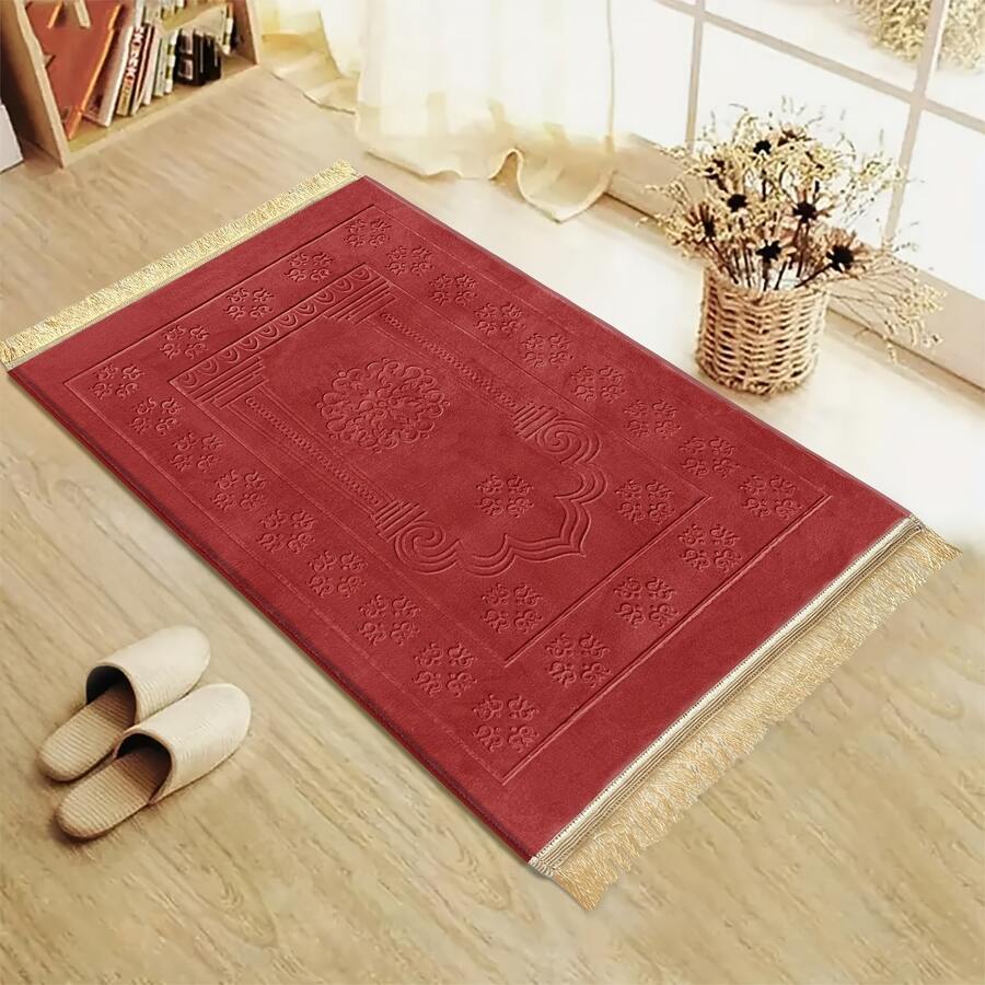1pc Flannel Embossed Thick & Soft Cushion, Non-Slip & Easy To Clean, With Tassels, Foldable - Red - View 1