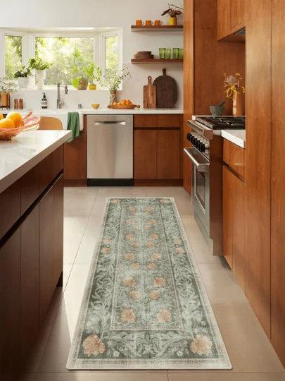 1件复古波西米亚古典花卉做旧地毯/地垫/区域地毯/浴室垫/门垫/走廊垫，适用于浴室、厨房、玄关、走廊、床边、客厅、卧室等场所，柔软可水洗，四季皆宜