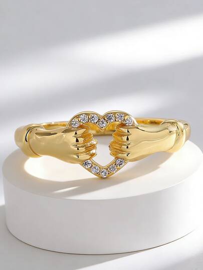 Charm-In Niche Luxury Interlocked Heart Plated Gold Ring, Micro-Inlaid Zirconia Design, Romantic Jewelry For Dates, Anniversary Gift For Wife