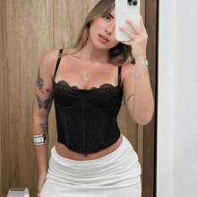 Women's Cropped Corset With Lace, Thin Straps, Sexy And Elegant, Fits Up To Size 42. - 黑色 - 查看 1