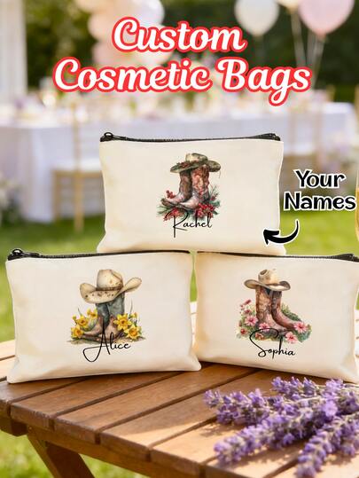 1 szt. Spersonalizowana kosmetyczka z imieniem kowbojki, spersonalizowany kapelusz kowbojski i buty w stylu western, lekki organizer na kosmetyki z zamkiem błyskawicznym do podróży i codziennego użytku, prezent na wieczór panieński, prezent dla druhny na sezon ślubny, prezent urodzinowy na Dzień Matki dla niej, żony, najlepszej przyjaciółki i miłośniczki kowbojek