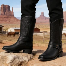 American Western Cowboy Boots For Men, High-Top Outdoor Riding Motorcycle Boots, Work Boots - màu đen - Xem 2