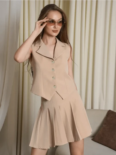 Bộ váy xếp ly không tay màu trơn, cài cúc phía trước, thanh lịch dành cho nữ, thích hợp đi làm, đi nghỉ mát, công sở, đi học, mặc thường ngày, mùa xuân/hè.