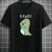 180GSM Pure Cotton Printed T Shirt Featuring Mens Cute Dinosaur Rawr Cartoon Print Lightweight Summer Design Breathable And Soft Fabric Adopting Knitting Technology Durable And Easy To Clean Comfortable To Wear Perfect For Kids Offers A Cute Personality - 黑色 - 查看 1