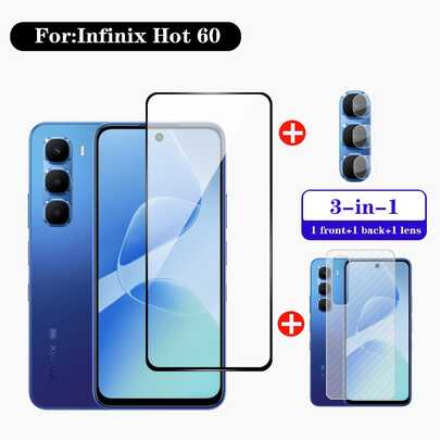 适用于 Infinix Hot 60/60 Pro 的三合一屏幕保护膜套装，包含全高清黑边框 9H 钢化玻璃屏幕保护膜、摄像头镜头膜和纤维背膜。