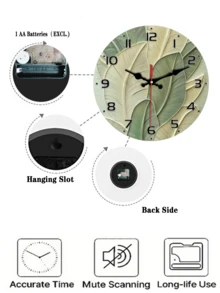 10-12 Inch Silent Abstract Leaf Design Wall Clock - Frameless Modern Retro Wood Grain Texture - Green & Beige Gradient - Suitable For Living Room, Bedroom, Kitchen - Battery Not Included - Living Room Wall Clock - 1PC - View 7