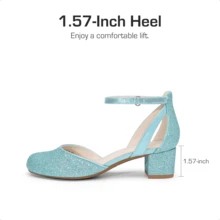 Girls Dress Shoes Closed Toe High Heels Ankle Strap Toddler Little Big Kid Wedding Flower Party Pump - 藍色 - 查看 7