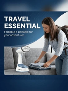 SOKANY 1400W大功率手持式蒸汽熨斗，30秒快速熨烫，大容量水箱，多角度防漏设计，一键折叠，便携易收纳，7孔喷嘴轻松去除深层褶皱，不锈钢面板，方便旅行和居家使用，快速抚平褶皱，保持衣物整洁优雅。 - 查看 4