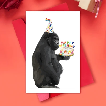 1张趣味大猩猩蛋糕生日贺卡 - 送给亲朋好友的完美礼物