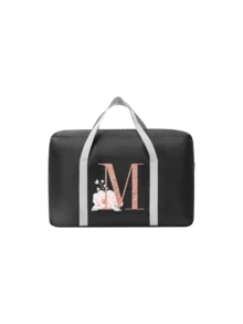 A-Z Floral Initial Foldable Travel Duffel Bag, Black Waterproof Luggage Tote With Rose Gold Letter Print, Ideal For Carrying Travel Essentials, Suitable For Travelers, Students, Gym Enthusiasts, Gift Givers & Bridesmaids, Perfect For Vacations, Business Trips, Gym Visits, Weekend Getaways & Gift-Giving, Foldable Design With Trolley Sleeve, Versatile As Travel Duffel, Gym Bag, Weekender Tote & Personalized Gift - Multicolor - View 13