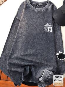 Oversized Vintage Black Cotton Washed English Print Long Sleeve T-Shirt, Loose And Slimming Design - Black - View 2