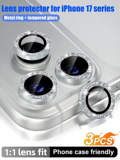 3pcs Camera Lens Protector Compatible With IPhone 17/Air/17 Pro/17 Pro Max/16 Pro Max/15 Pro Max/14 Pro Max/13/12/11, Diamond Shiny 9H Tempered Glass Lens Cover With Metal Decorative Ring (Shiny Silver)