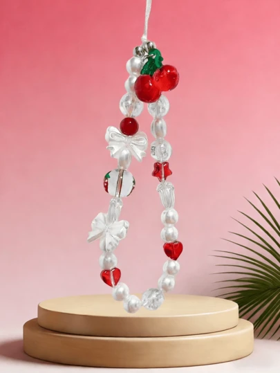 1pc Red Cherry Pendant Phone Lanyard, Cute Heart-Shaped Beaded Chain Phone Charm, Beaded Decoration Compatible With Camera, Bag, Clothes, Keys - Designed For Women, Phone Accessories, Birthday/Holiday/Valentine's Day Gift