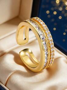 Women's Gold-Plated Zirconia Ring, Adjustable Double-Layer Open Ring Design With Micro-Inlaid Zirconia Stones, Minimalist Elegant Style For Daily Commute/Versatile, Fashionable Birthday Gift - Gold - View 1