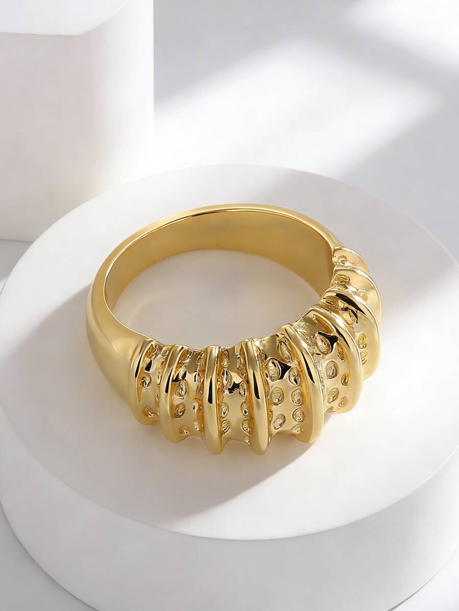 Charm-In Vintage Multi-Layer Textured Gold-Plated Ring, Distressed Wrinkle Design, Stacking Accessory, Unique Birthday Gift - Gold - View 1