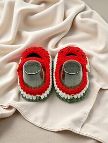 1 Đôi giày trẻ em móc thủ công họa tiết dưa hấu, màu đỏ, xanh lá cây và trắng, kiểu Mary Jane. - Đỏ - Xem 7