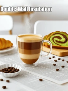 1pc Double Layer Glass Coffee Mug With Handle, Heat-Resistant Thermal Insulation, Simple And Transparent - Transparent - View 7