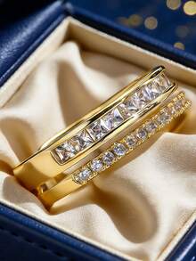 Women's Gold-Plated Zirconia Ring, Adjustable Double-Layer Open Ring Design With Micro-Inlaid Zirconia Stones, Minimalist Elegant Style For Daily Commute/Versatile, Fashionable Birthday Gift - Gold - View 3