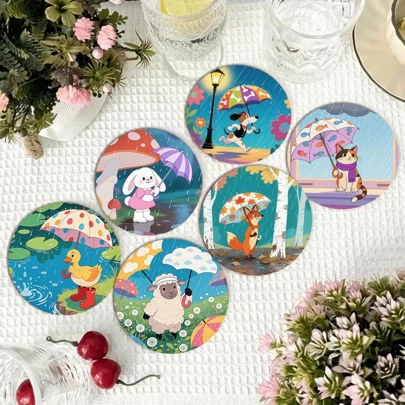 These Adorable Round Coasters Feature A Rainy Day And Animal Theme, Employing A Bright, Hand-Drawn Illustration Style. The Core Elements Are "Rainy Day + Animals + Umbrella," With Vibrant, Saturated Colors And Rich Visual Depth, Combining A Playful And Comforting Feel.