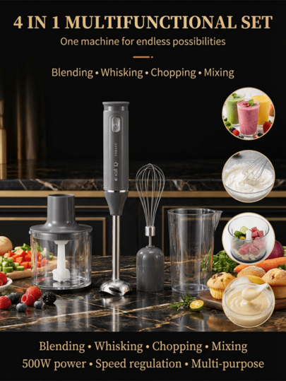 SOKANY 4-in-1 multifunctionele staafmixerset, inclusief multifunctionele staafmixer, garde, hakmolen en mengbeker, geschikt voor het verwerken van voedsel en het mixen van babyvoeding.