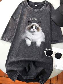Kaos Lengan Pendek Wanita Model Vintage Hitam dengan Motif Kucing, Potongan Longgar, Bergaya dan Melangsingkan, Kasual untuk Musim Panas - Hitam - View 2