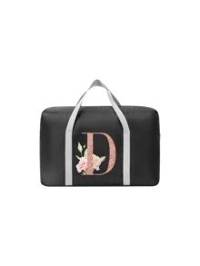 A-Z Floral Initial Foldable Travel Duffel Bag, Black Waterproof Luggage Tote With Rose Gold Letter Print, Ideal For Carrying Travel Essentials, Suitable For Travelers, Students, Gym Enthusiasts, Gift Givers & Bridesmaids, Perfect For Vacations, Business Trips, Gym Visits, Weekend Getaways & Gift-Giving, Foldable Design With Trolley Sleeve, Versatile As Travel Duffel, Gym Bag, Weekender Tote & Personalized Gift - Multicolor - View 15