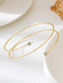 1pc Elegant Simple Dual-Layer Rhinestone & Metal Arm Cuff, Fashion Jewelry For Women, Vacation, Party, Beach - Gold - View 2