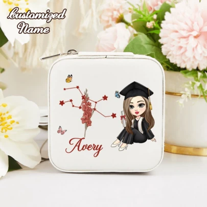 A Customized Cartoon-Style Graduation Gift Box, Containing A Jewelry Box Decorated With A Floral Pattern Representing The Recipient's Birth Month Or Name, Making It A Perfect Gift For A Lady's Graduation Or Birthday