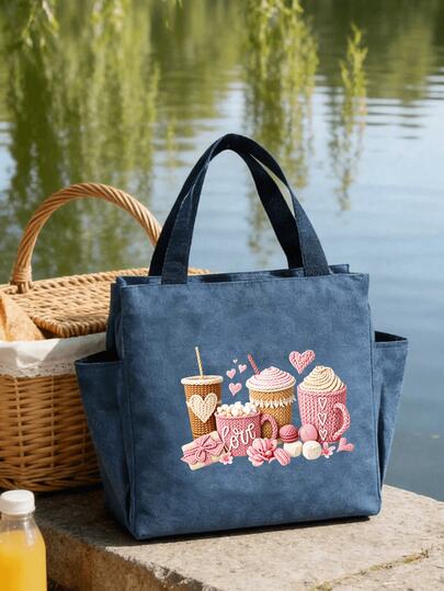 Bolsa de almuerzo estilo bordado de comida dulce estética, 1 set (bolsa + bolsa para cubiertos) con bolsillos laterales y bolsas de almacenamiento de cubiertos negras, para estudiantes, maestros, bolsas refrigeradas aisladas, bolsas de picnic portátiles, bolsas de almuerzo aisladas para la oficina y la escuela, cajas de almuerzo para el trabajo, cajas de almuerzo de vacaciones para mujeres, cajas de almuerzo multiusos para camping y escuela para hombres y mujeres, regalos de apertura escolar