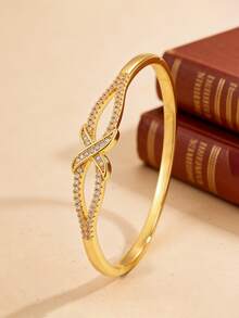 1 Piece - A Retro And Elegant Gold-Plated Copper Bracelet With An Interwoven Zirconia Design, Exuding A Niche And High-End Feel, Suitable For Various Occasions Such As Commuting And Dating. - Gold - View 9