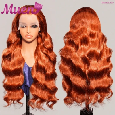 200% 密度姜橙色 13X4 高清蕾丝前假发，波浪卷蕾丝前假发，真人混纺发丝，巴西真人混纺发丝假发，自然色 350# 染色真人混纺发丝，预先拔毛，自然发际线