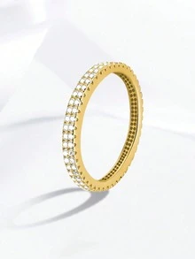 1枚简约扁平开口925纯银女士结婚戒指，优雅精致立方氧化锆戒指，结婚首饰，情侣订婚承诺戒指礼物 - 金色 - 查看 17