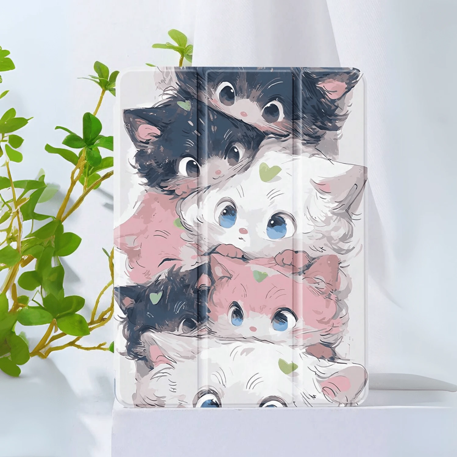 Kawaii Stacked Cats Art IPad Case Auto Wake Sleep Tri-Fold Stand Shockproof With Pen Holder For IPad 10/Air 5/11 M3/Pro 11 - Multicolor - View 1