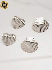OBOVAY 1/2 Pairs Vacation Style 304 Stainless Steel Shell Stud Earrings, Versatile Metal Texture Earrings, Beach Style Accessories, Suitable For Young Women Attending Parties, Ideal Birthday Or Valentine's Day Gift For Mothers, Wives Or Friends. - Silver - View 2