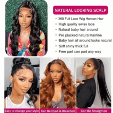 bling hair Pre-Plucked 360 Body Wave Full Lace Front Wig Made From Human Hair Featuring An Invisibility Strap 200% Density Body Wave Style With Pre-Plucked Baby Hair Natural Look Perfect For Vacations Designed For Busy Professionals And Includes A Breathable Cap Updo Down Style Hairpiece Everyday Party Use Needed Long Black Wig Versatile Hairpiece Sleek Hairstyle Realistic Hairpiece Beauty Accessory Beginner Friendly For Sports, Vacation, Halloween, Christmas, Festivals, Proms, Outdoor, Cosplay, Campus, School, Beach, Wedding, Camping, Holiday, Summer Outfits, Charming, Elegant, Casual, Y2K Fashion, SS25 Styles, For Daily Use - Natural Black - 查看 8