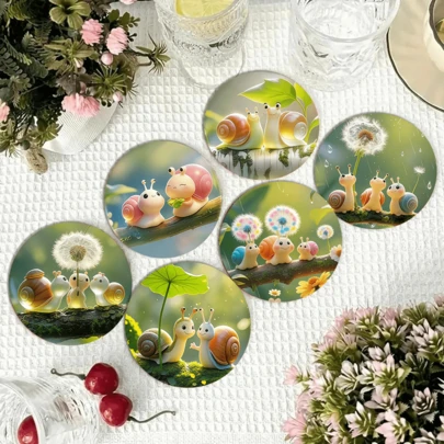 The Healing Cute Snail-Themed Round Coaster Adopts A 3D Cute Modeling Style, With Pairs Or Groups Of Snails As The Core Element, With Natural Elements Such As Dandelions, Lotus Leaves, Flowers And Plants, The Colors Are Soft And Fresh, The Visual Layers Are Rich, And It Has Both A Sense Of Relaxation And Healing
