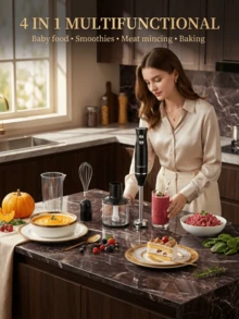 SOKANY SK-1710-4 手持搅拌器 1 件装，电动浸入式手持搅拌器，2 档速度设置，四合一功能（手持搅拌器、打蛋器、绞肉机、量杯），适用于制作冰沙、汤和蘸酱，不锈钢材质 - 黑色 - 查看 3