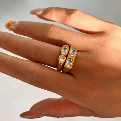 1 pieza Anillo único de acero inoxidable chapado en oro de 18K con decoración de circonita, adecuado para uso en bodas y como regalo para mujeres