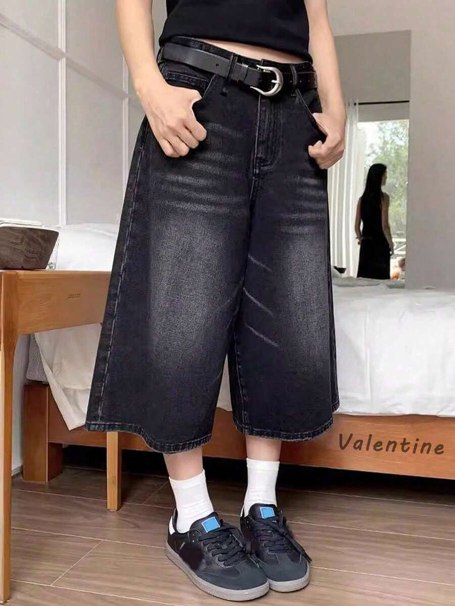 Quần short phong cách đường phố Y2K, quần Bermuda ống rộng rách gối kiểu vintage, quần jean lửng casual cho mùa hè - màu đen - Xem 1