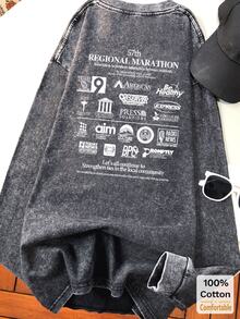 Oversized Vintage Black Cotton Washed English Print Long Sleeve T-Shirt, Loose And Slimming Design - Black - View 3