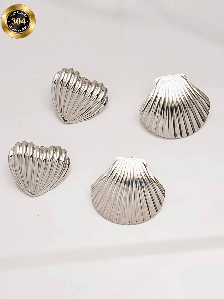OBOVAY 1/2 Pairs Vacation Style 304 Stainless Steel Shell Stud Earrings, Versatile Metal Texture Earrings, Beach Style Accessories, Suitable For Young Women Attending Parties, Ideal Birthday Or Valentine's Day Gift For Mothers, Wives Or Friends. - Silver - View 1