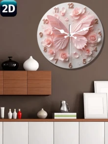 1pc 10"/12" Pink Butterfly Shaped Silent Battery Operated Round Wall Clock, Suitable For Home, Cafe, Kitchen, Bathroom, Bedroom, Charming Butterfly Design, Battery Not Included - 1PC - View 1
