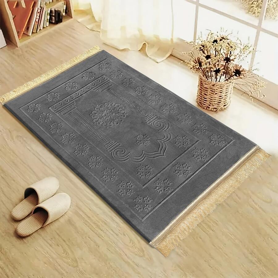 1pc Flannel Embossed Thick & Soft Cushion, Non-Slip & Easy To Clean, With Tassels, Foldable - Dark Grey - View 1