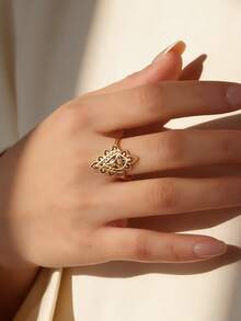 Charm-In Nhẫn mạ vàng chạm khắc rỗng kiểu cổ điển dành cho nữ, đa năng cho các bữa tiệc, đi làm, quà tặng cho bạn gái/bạn thân, thanh lịch. - Vàng - Xem 2