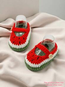 1 Đôi giày trẻ em móc thủ công họa tiết dưa hấu, màu đỏ, xanh lá cây và trắng, kiểu Mary Jane. - Đỏ - Xem 9