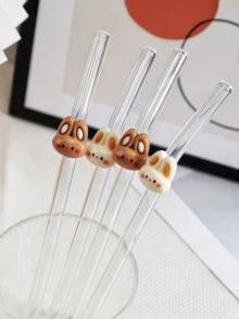 1/2pcs[Cute Rabbit Decorated Reusable Glass Straws]Bendable Straws | Cleaning Brush Included | Suitable For Bubble Tea/Coffee/Juice/Smoothie | Handmade | Christmas/Valentine's Day/New Year/Birthday/Halloween/Thanksgiving/520/Carnival | Kitchen/Cafe/Bar/Outdoor Travel/Party/Wedding | Girlfriend/Boyfriend/Parents/Friends/Nature Lovers | Exquisite Gift Set - Multicolor - View 5