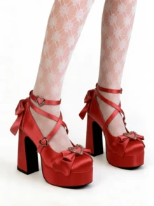 Women's Cute Lolita Platform Mary Jane Pumps Buckle Bowknot Chunky Block Heels Y2K Party Shoes With Bow - Đỏ A - Xem 5