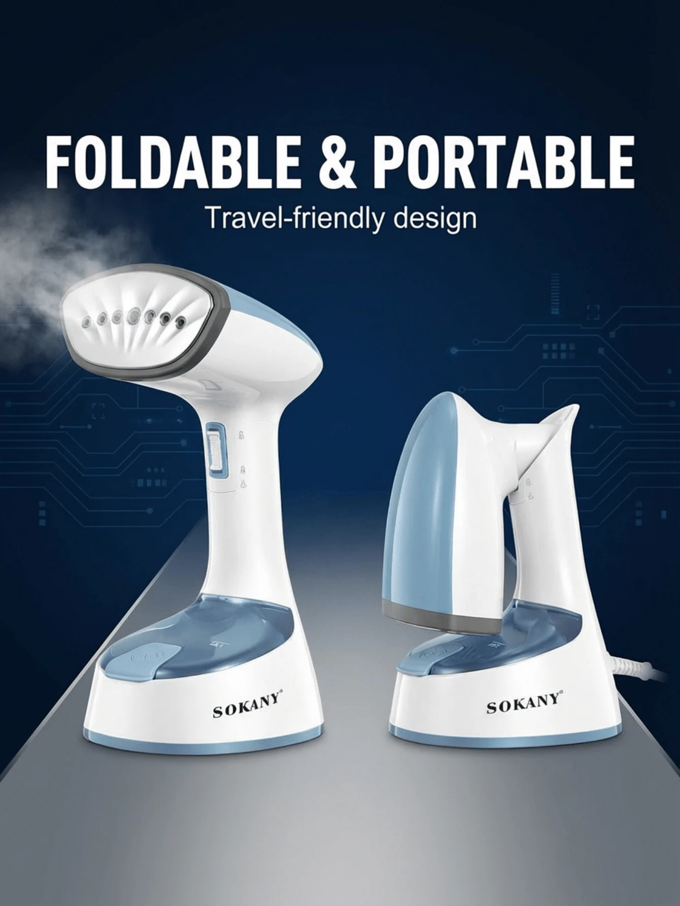 SOKANY 1400W大功率手持式蒸汽熨斗，30秒快速熨烫，大容量水箱，多角度防漏设计，一键折叠，便携易收纳，7孔喷嘴轻松去除深层褶皱，不锈钢面板，方便旅行和居家使用，快速抚平褶皱，保持衣物整洁优雅。 - 查看 1