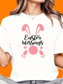 Blusas bonitas top algodón diseño pascua conejo estampado verano manga corta cuello redondo camiseta casual dama blusas para dama casuales - Blanco - Ver 4